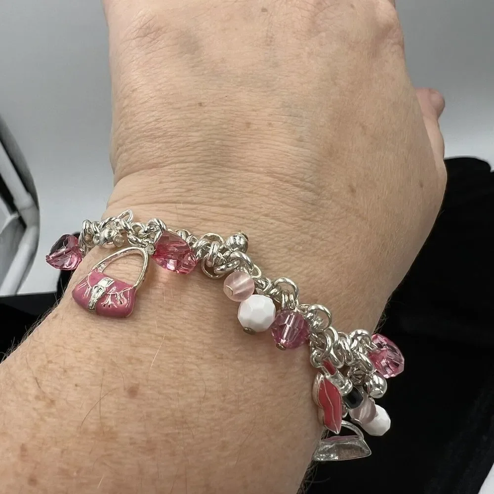 Silvertone Pink Purse, Heels, Lipstick Charm Bracelet